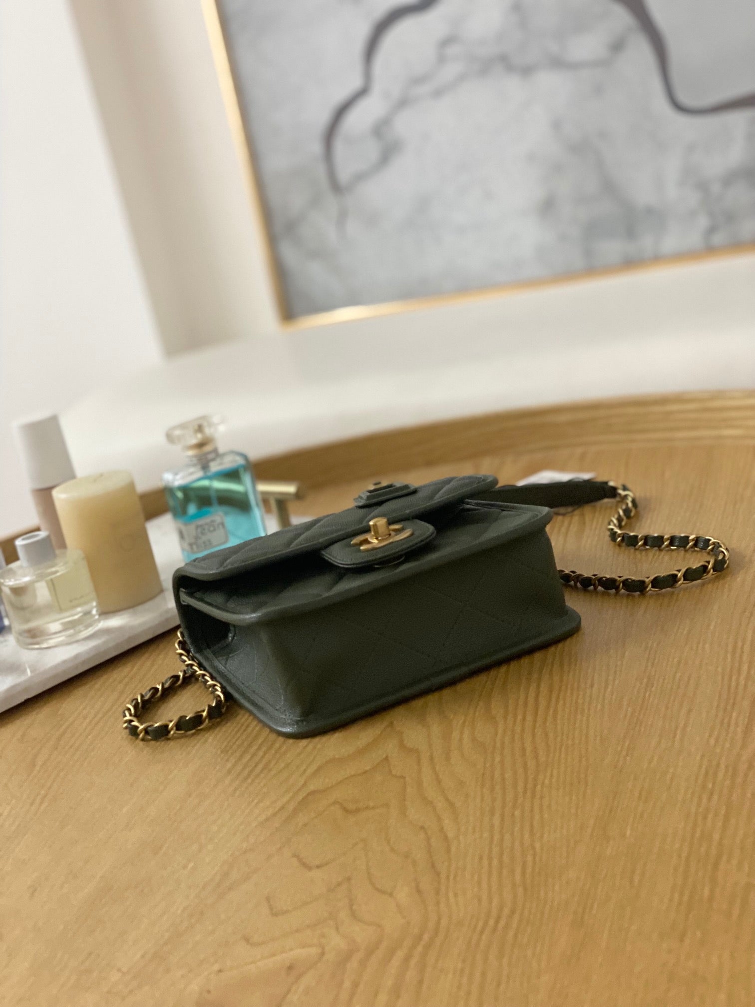 Chanel AS3652 Small Flap Bag with Top Handle Calfskin & Gold-Tone Metal Dark Green