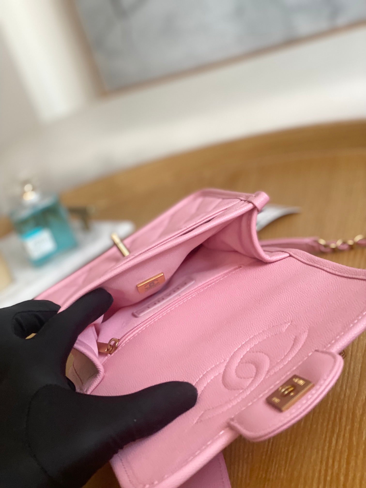 Chanel AS3652 Small Flap Bag with Top Handle Calfskin & Gold-Tone Metal Pink - Default Title - View 8