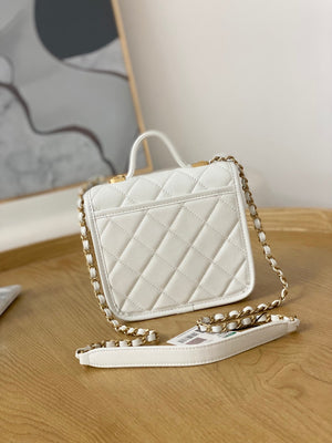 Chanel AS3652 Small Flap Bag with Top Handle Calfskin & Gold-Tone Metal White - Default Title - View 2