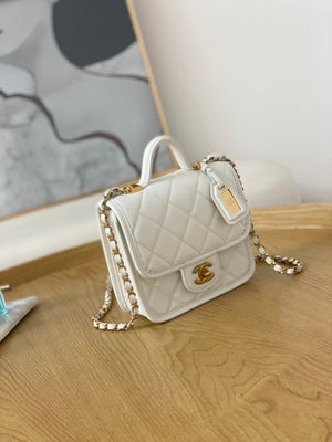 Chanel AS3652 Small Flap Bag with Top Handle Calfskin & Gold-Tone Metal White - Default Title - View 5