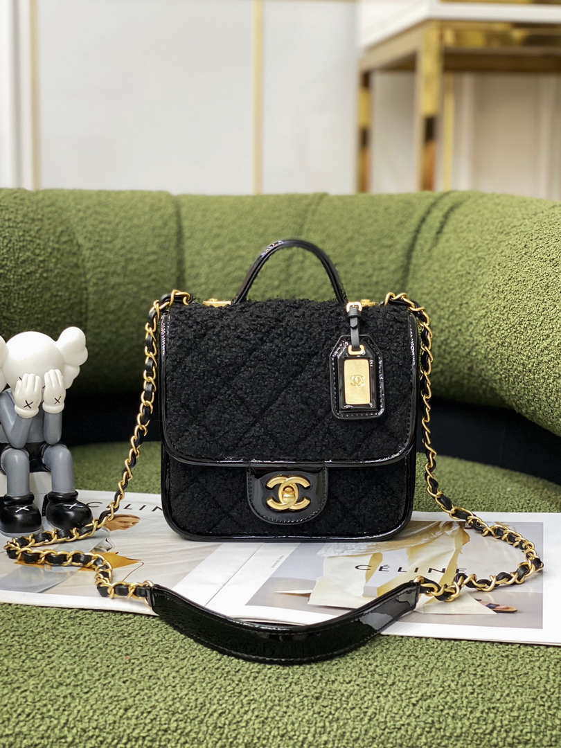Chanel AS3652 Small Flap Bag with Top Handle Cotton & Wool Tweed & Gold-Tone Metal Black - Default Title - View 2