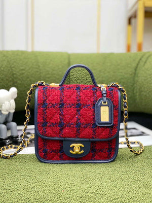 Chanel AS3652 Small Flap Bag with Top Handle Cotton & Wool Tweed & Gold-Tone Metal Black and Red - Default Title - View 1