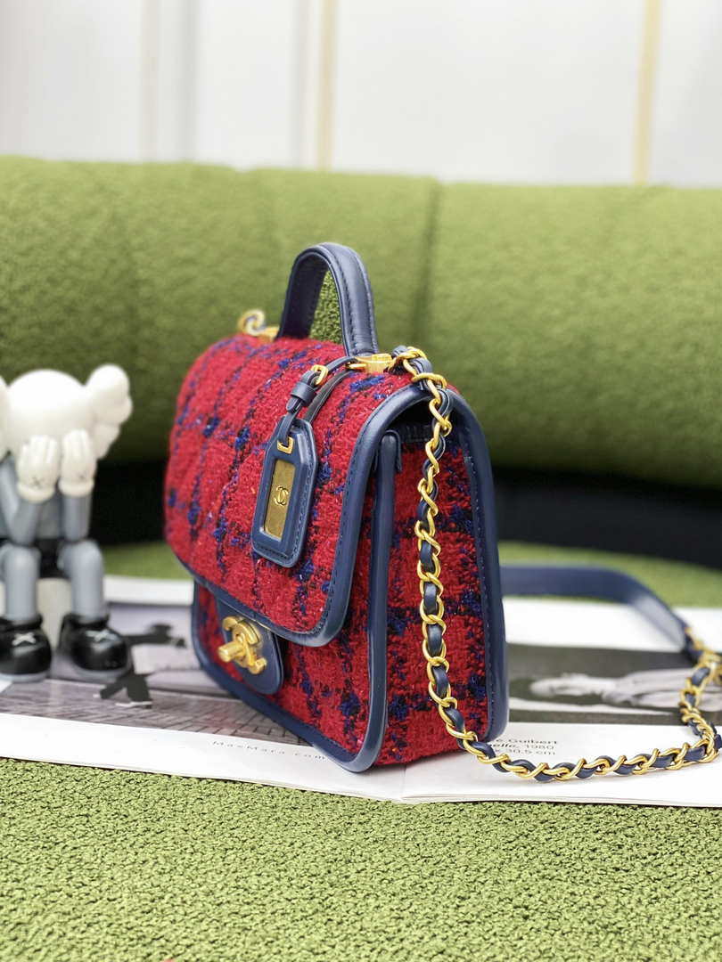 Chanel AS3652 Small Flap Bag with Top Handle Cotton & Wool Tweed & Gold-Tone Metal Black and Red - Default Title - View 4