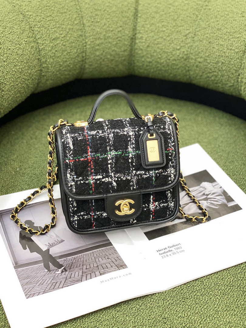 Chanel AS3652 Small Flap Bag with Top Handle Cotton & Wool Tweed & Gold-Tone Metal Black and White - Default Title - View 1