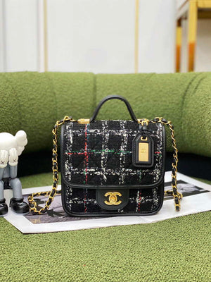 Chanel AS3652 Small Flap Bag with Top Handle Cotton & Wool Tweed & Gold-Tone Metal Black and White - Default Title - View 2