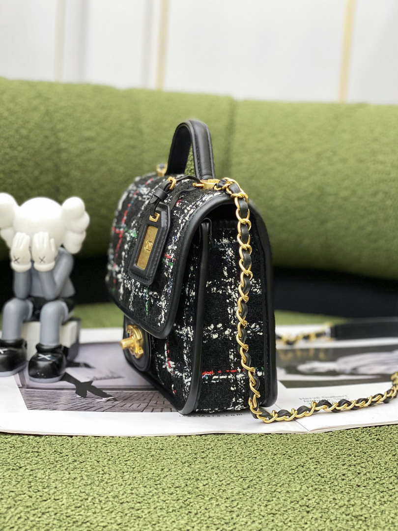Chanel AS3652 Small Flap Bag with Top Handle Cotton & Wool Tweed & Gold-Tone Metal Black and White