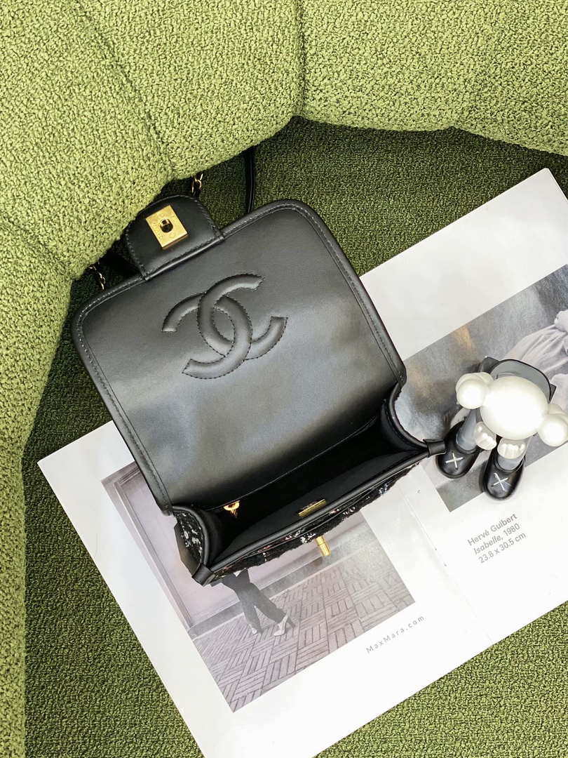 Chanel AS3652 Small Flap Bag with Top Handle Cotton & Wool Tweed & Gold-Tone Metal Black and White - Default Title - View 6