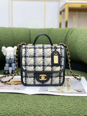 Chanel AS3652 Small Flap Bag with Top Handle Cotton & Wool Tweed & Gold-Tone Metal Grey and Beige - Default Title - View 1