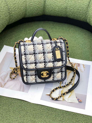 Chanel AS3652 Small Flap Bag with Top Handle Cotton & Wool Tweed & Gold-Tone Metal Grey and Beige - Default Title - View 2