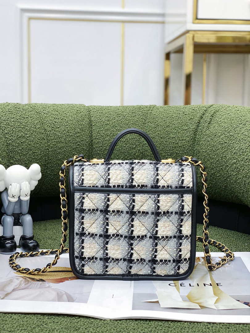 Chanel AS3652 Small Flap Bag with Top Handle Cotton & Wool Tweed & Gold-Tone Metal Grey and Beige - Default Title - View 3