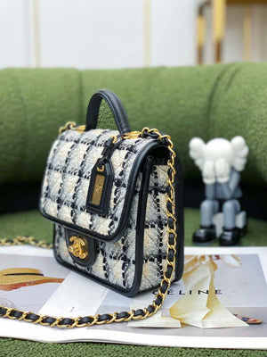 Chanel AS3652 Small Flap Bag with Top Handle Cotton & Wool Tweed & Gold-Tone Metal Grey and Beige - Default Title - View 5