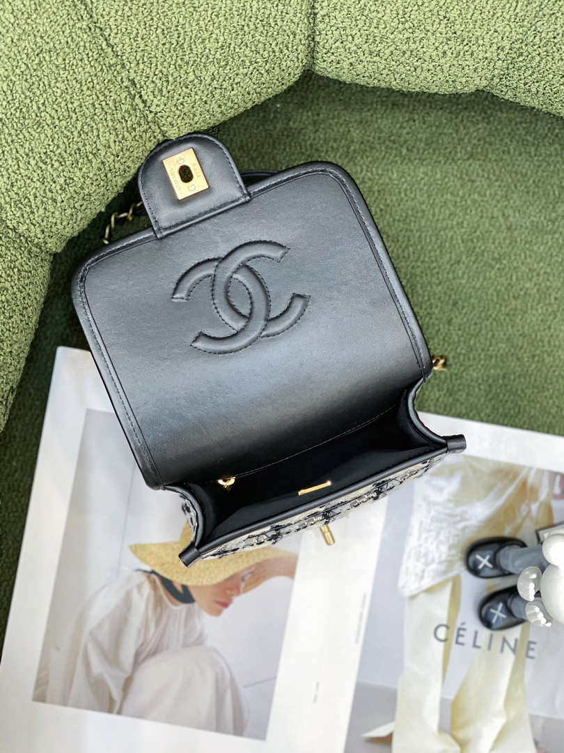 Chanel AS3652 Small Flap Bag with Top Handle Cotton & Wool Tweed & Gold-Tone Metal Grey and Beige - Default Title - View 7