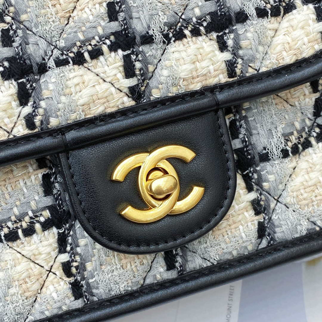 Chanel AS3652 Small Flap Bag with Top Handle Cotton & Wool Tweed & Gold-Tone Metal Grey and Beige
