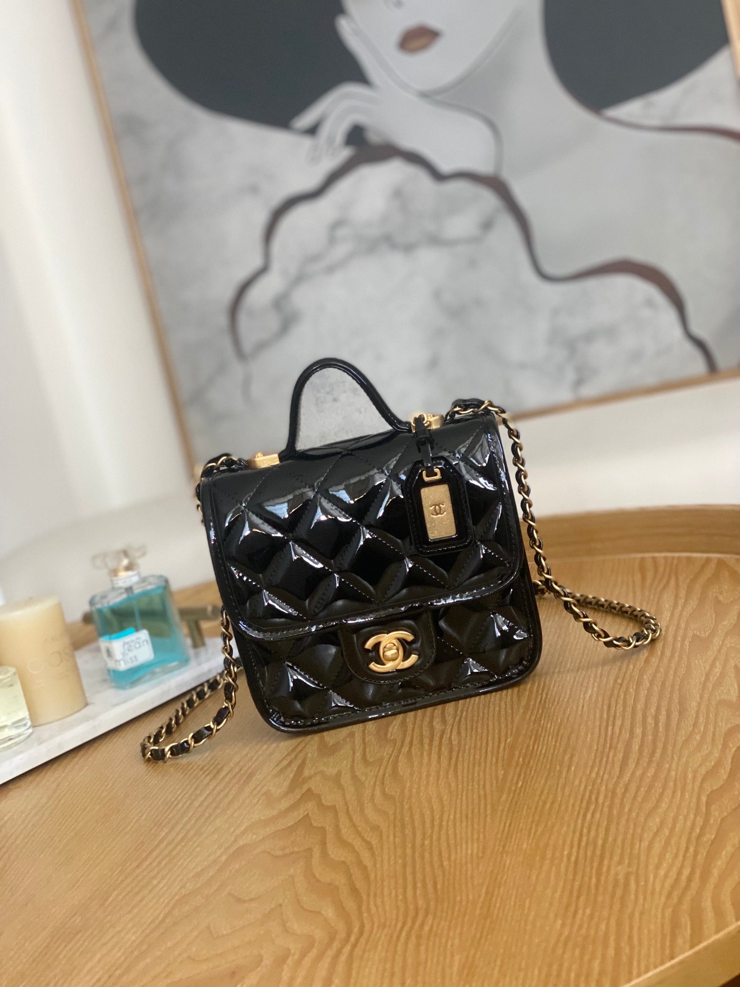 Chanel AS3652 Small Flap Bag with Top Handle Patent Calfskin & Gold-Tone Metal Black - Default Title - View 1