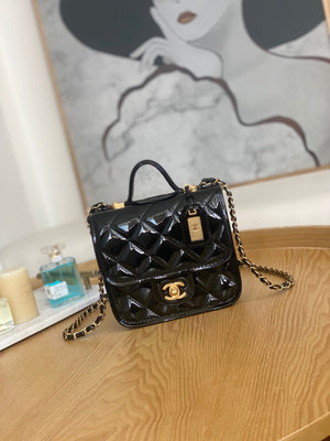 Chanel AS3652 Small Flap Bag with Top Handle Patent Calfskin & Gold-Tone Metal Black - Default Title - View 1