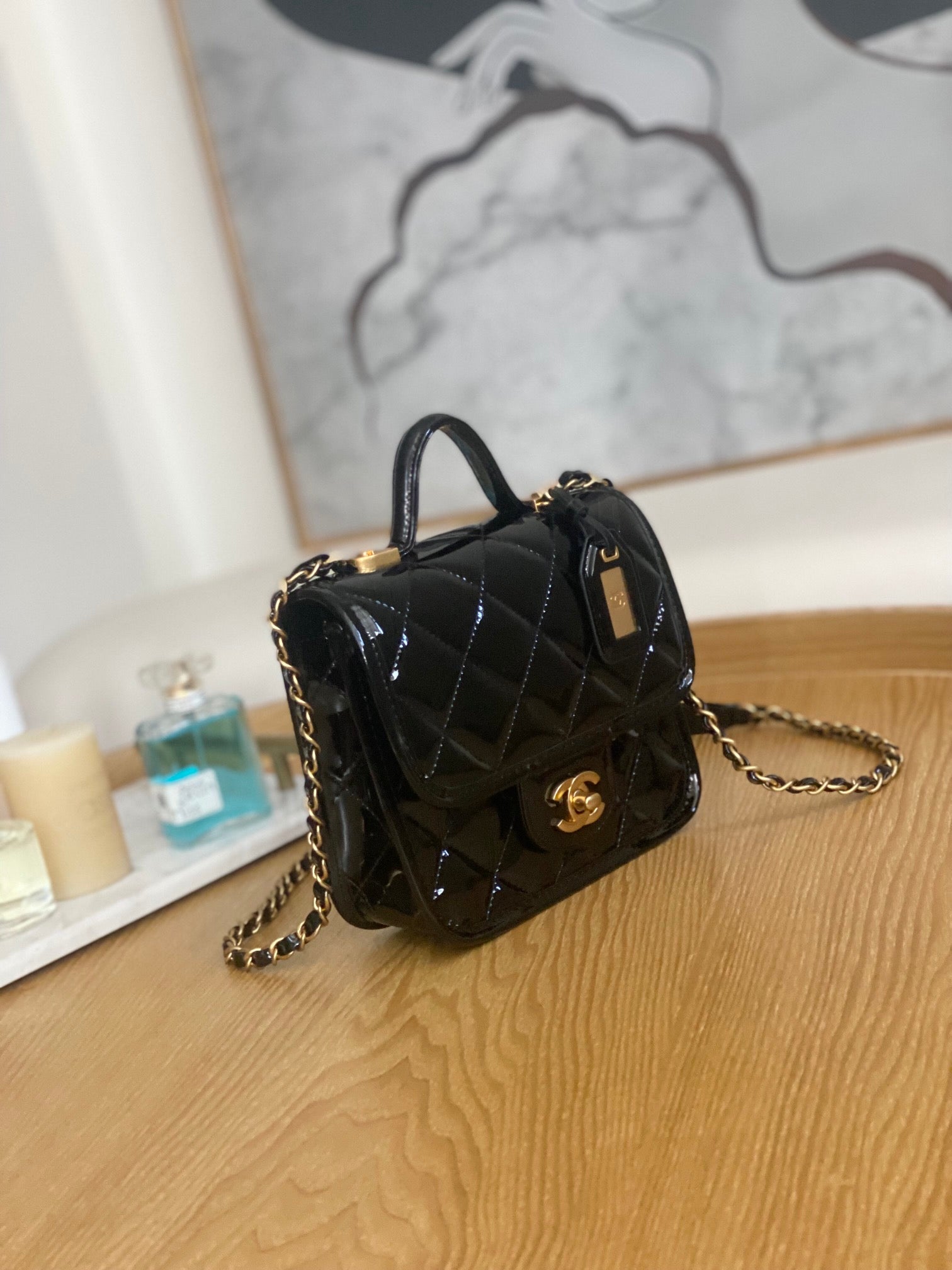 Chanel AS3652 Small Flap Bag with Top Handle Patent Calfskin & Gold-Tone Metal Black - Default Title - View 4