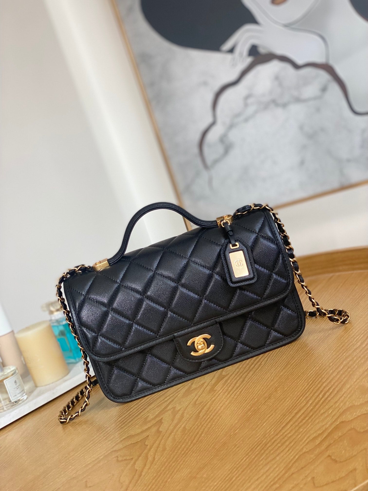 Chanel AS3653 Small Flap Bag with Top Handle Calfskin & Gold-Tone Metal Black - Default Title - View 1