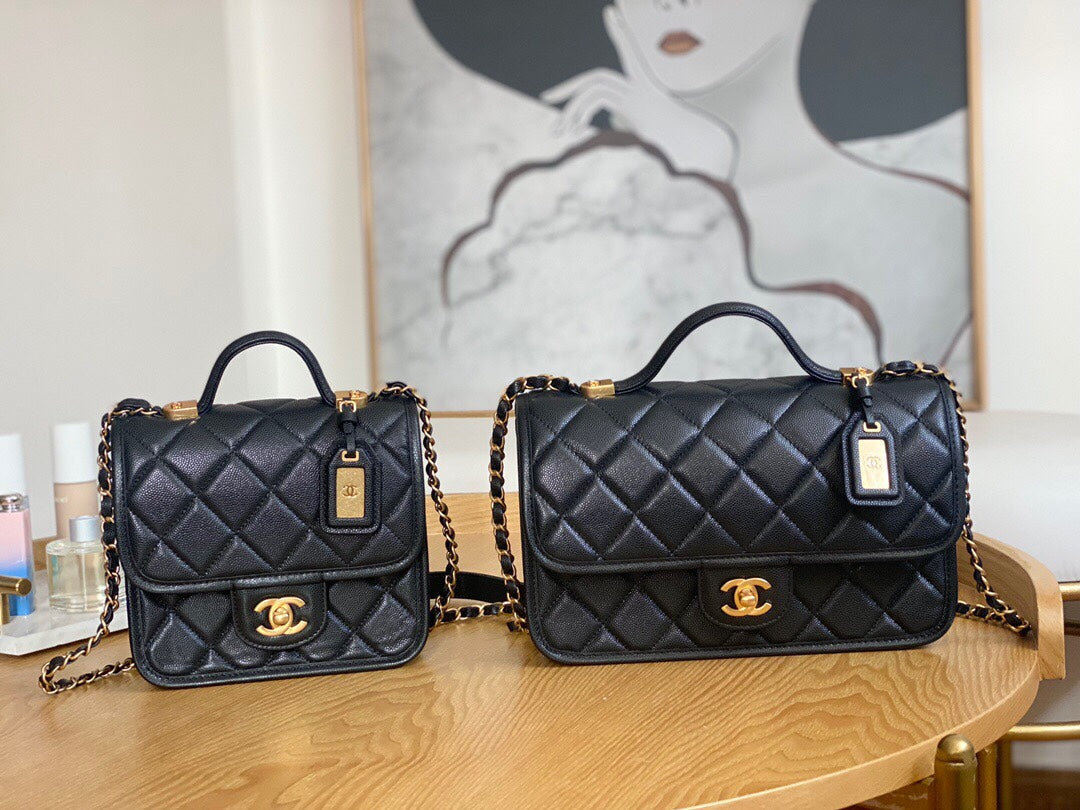 Chanel AS3652 Small Flap Bag with Top Handle Calfskin & Gold-Tone Metal Black