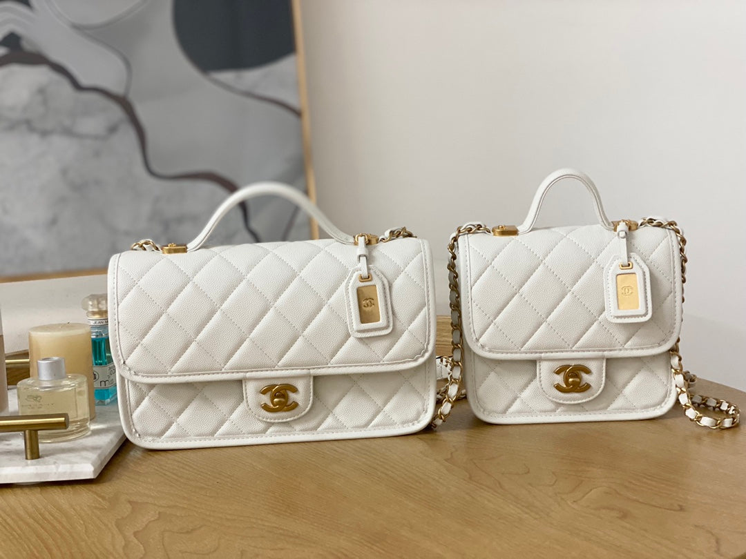 Chanel AS3653 Small Flap Bag with Top Handle Calfskin & Gold-Tone Metal White