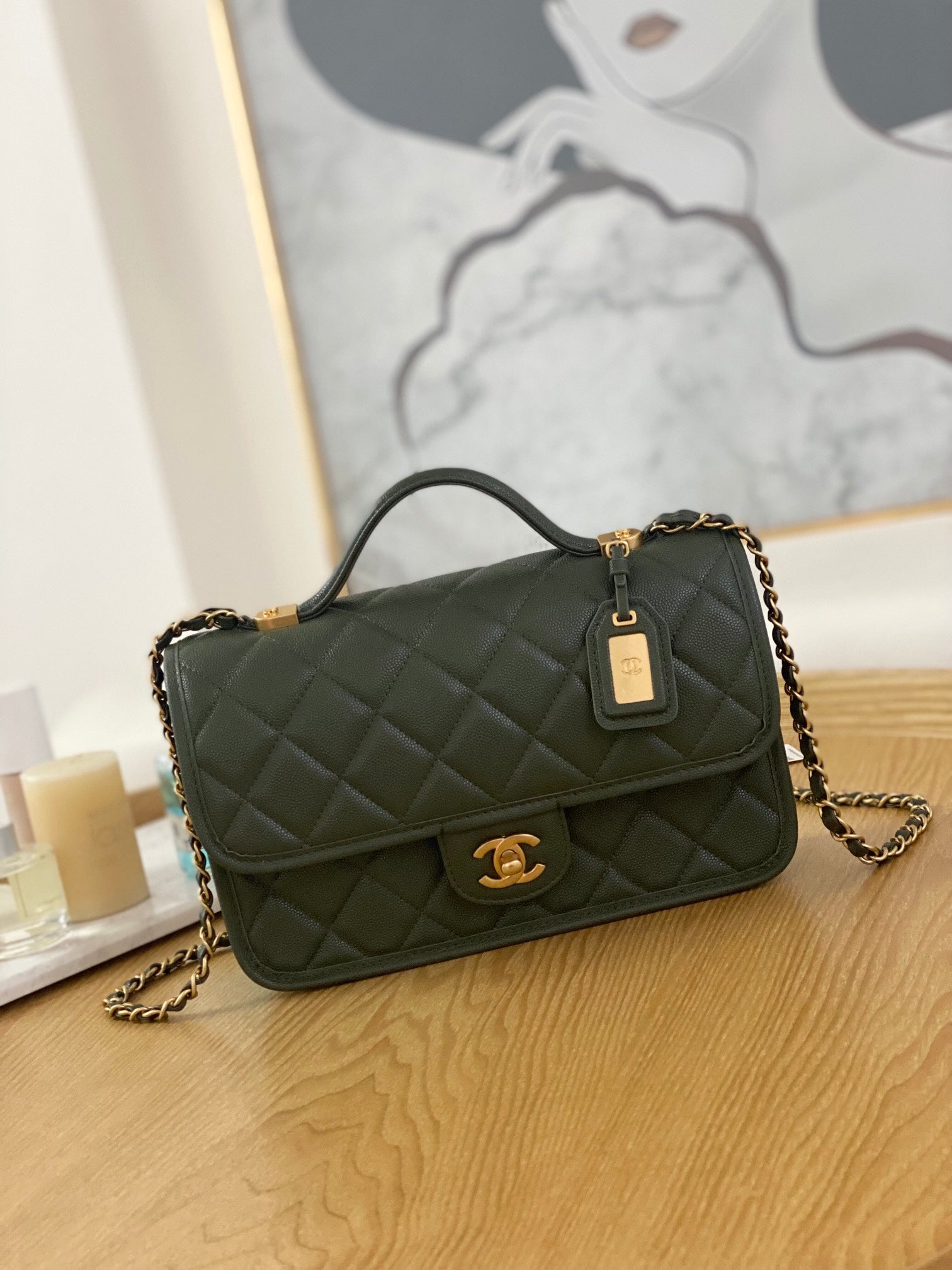 Chanel AS3653 Small Flap Bag with Top Handle Calfskin & Gold-Tone Metal Dark Green - Default Title - View 1