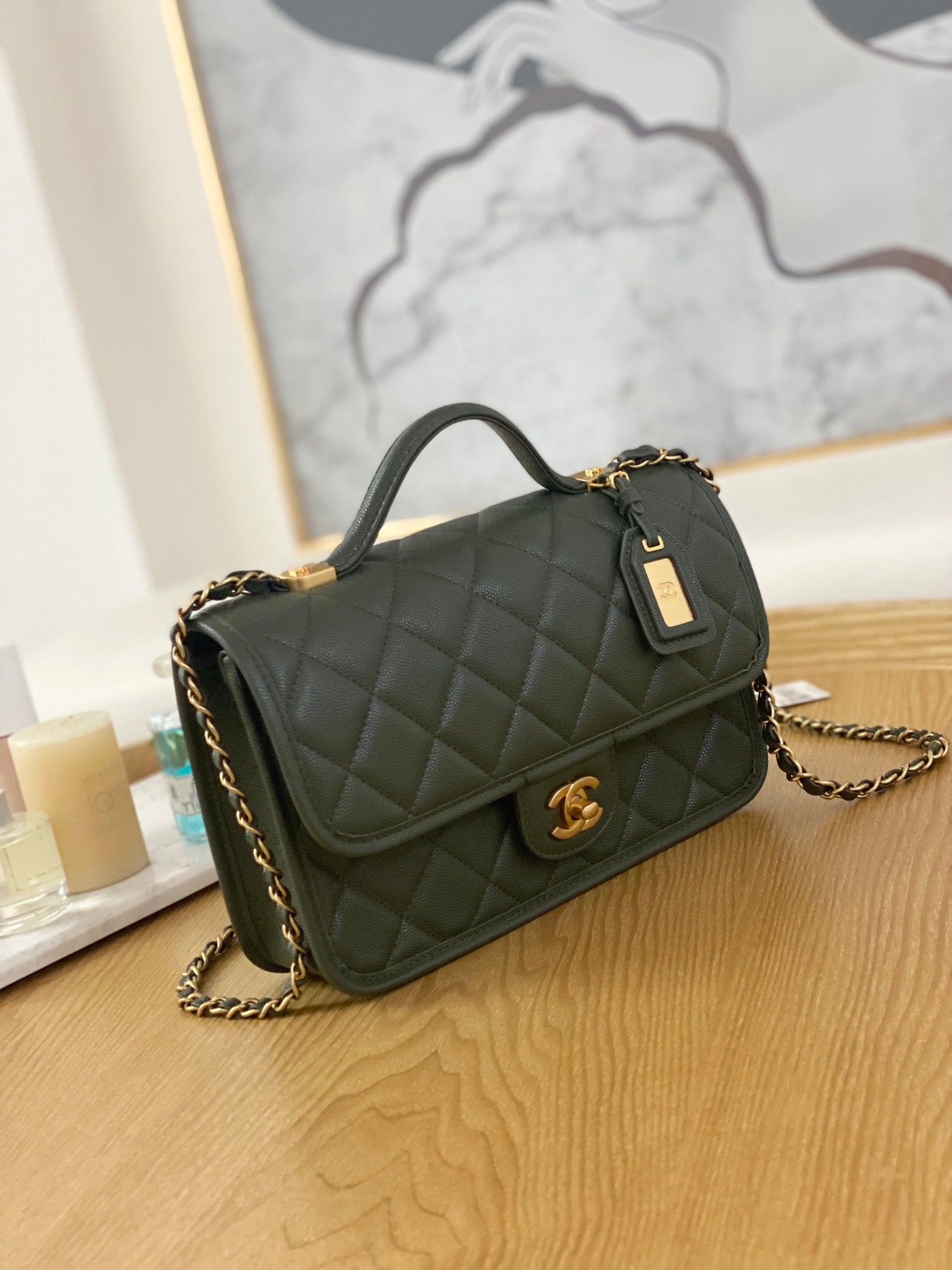 Chanel AS3653 Small Flap Bag with Top Handle Calfskin & Gold-Tone Metal Dark Green - Default Title - View 3