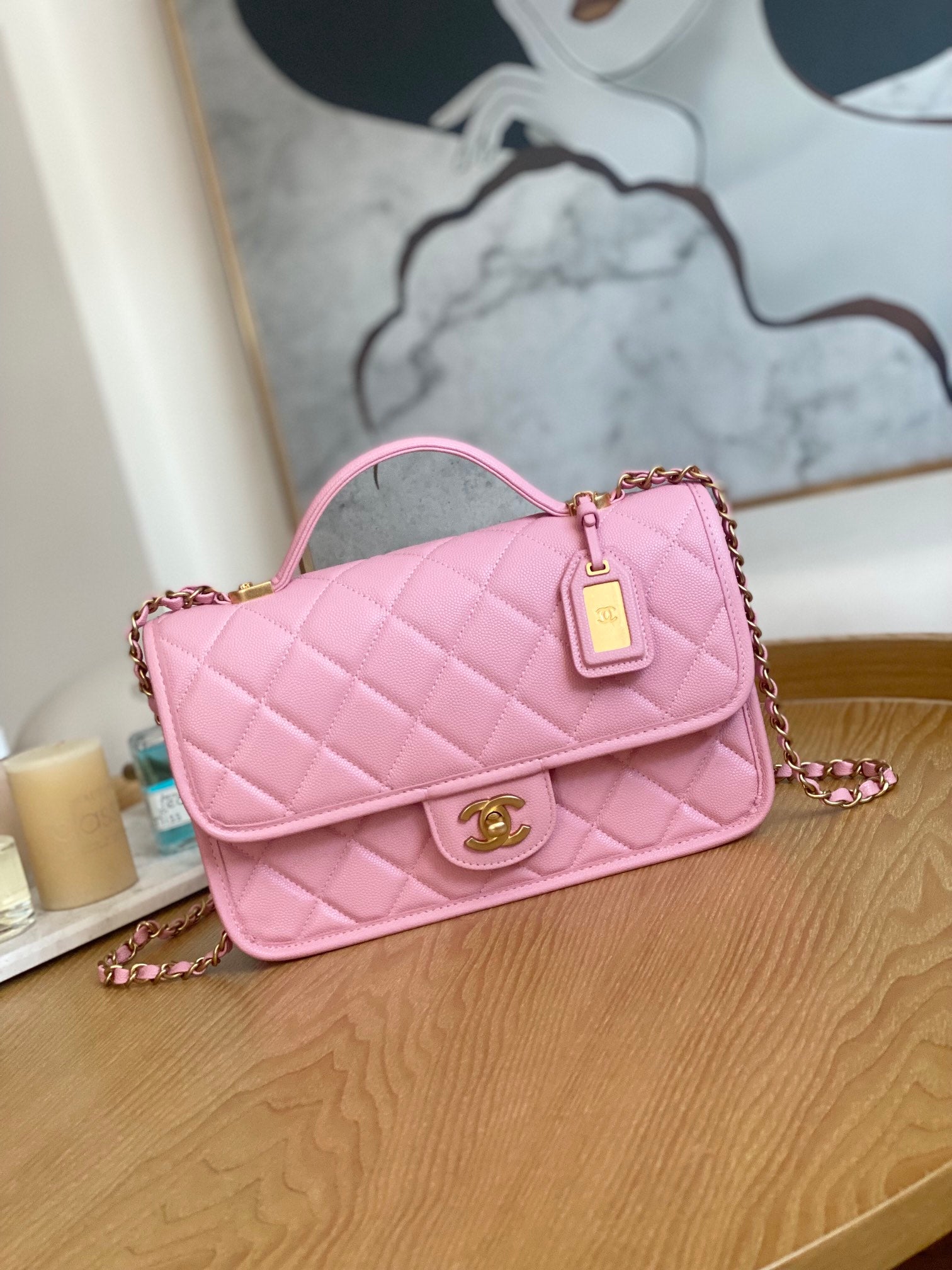 Chanel AS3653 Small Flap Bag with Top Handle Calfskin & Gold-Tone Metal Pink - Default Title - View 1