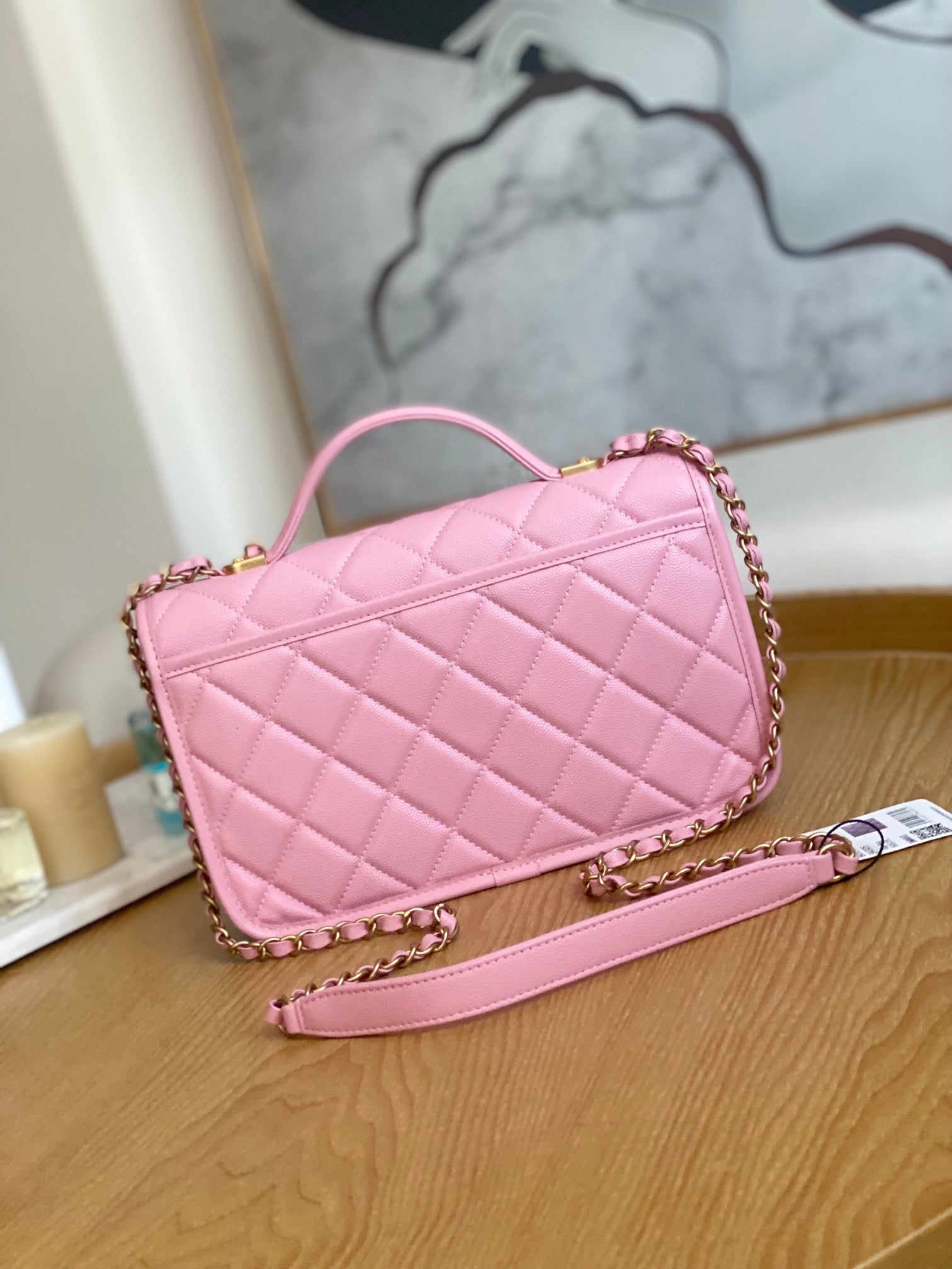 Chanel AS3653 Small Flap Bag with Top Handle Calfskin & Gold-Tone Metal Pink - Default Title - View 3
