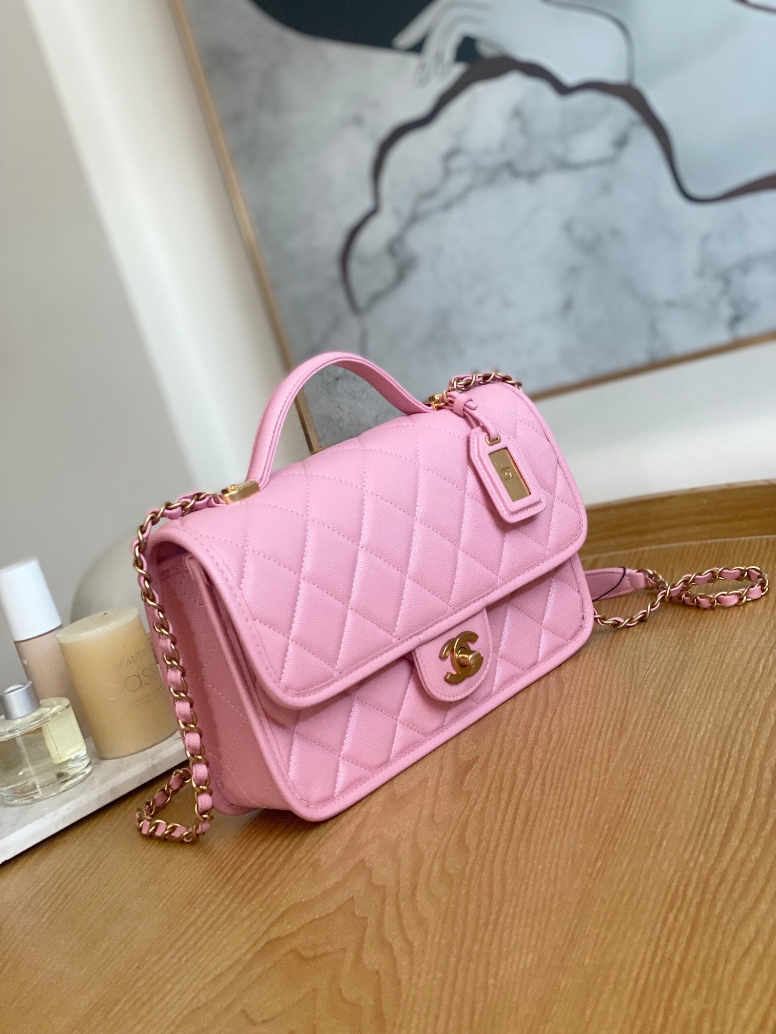 Chanel AS3653 Small Flap Bag with Top Handle Calfskin & Gold-Tone Metal Pink - Default Title - View 4