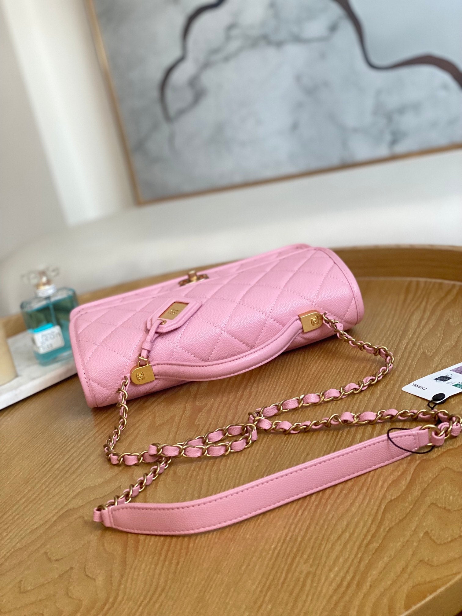 Chanel AS3653 Small Flap Bag with Top Handle Calfskin & Gold-Tone Metal Pink - Default Title - View 6