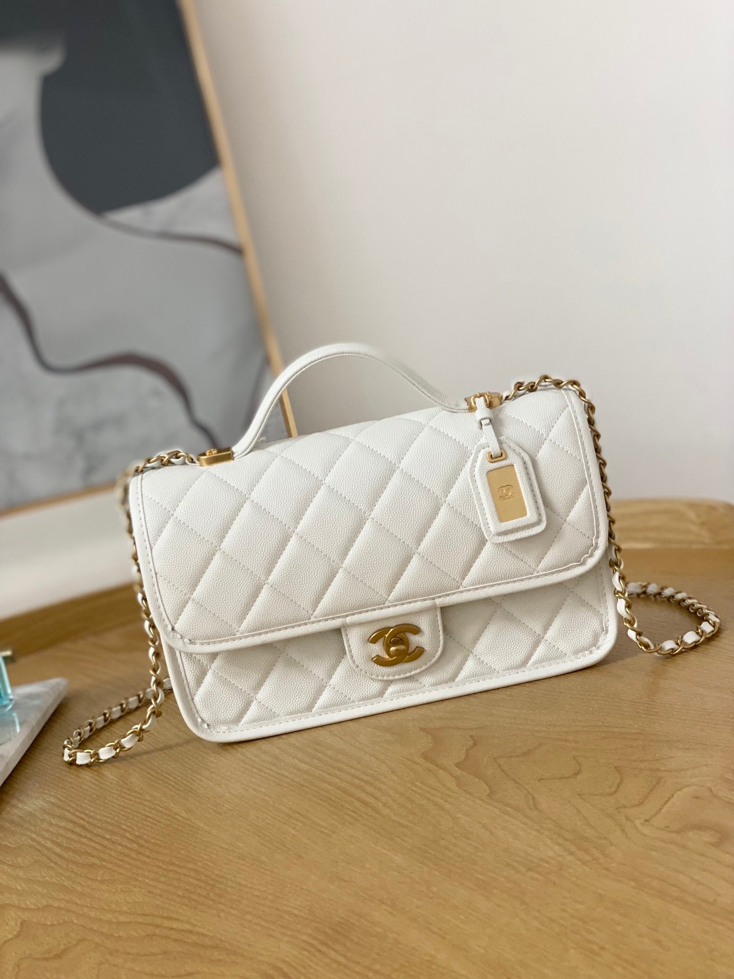 Chanel AS3653 Small Flap Bag with Top Handle Calfskin & Gold-Tone Metal White - Default Title - View 1