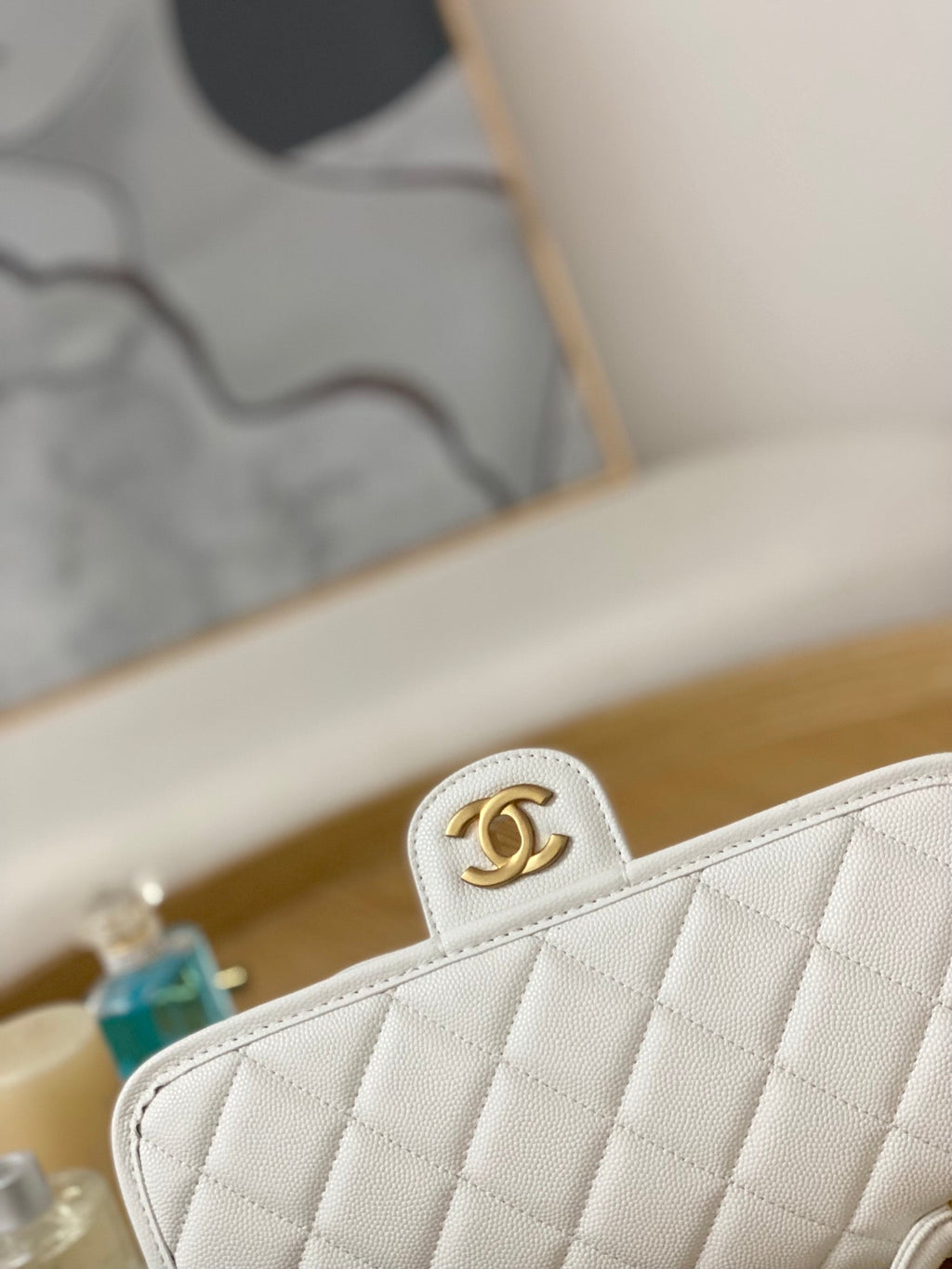 Chanel AS3653 Small Flap Bag with Top Handle Calfskin & Gold-Tone Metal White