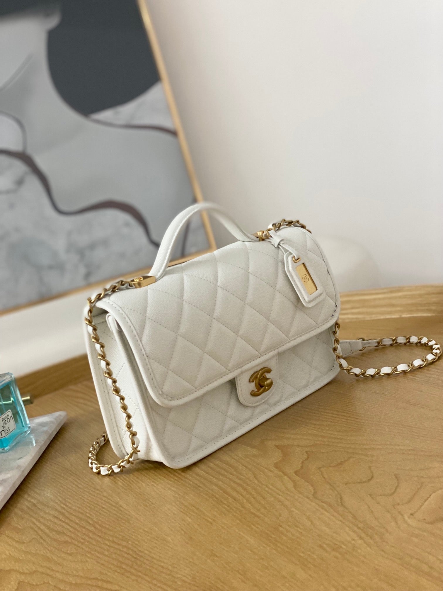 Chanel AS3653 Small Flap Bag with Top Handle Calfskin & Gold-Tone Metal White - Default Title - View 5
