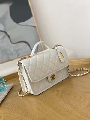Chanel AS3653 Small Flap Bag with Top Handle Calfskin & Gold-Tone Metal White - Default Title - View 5