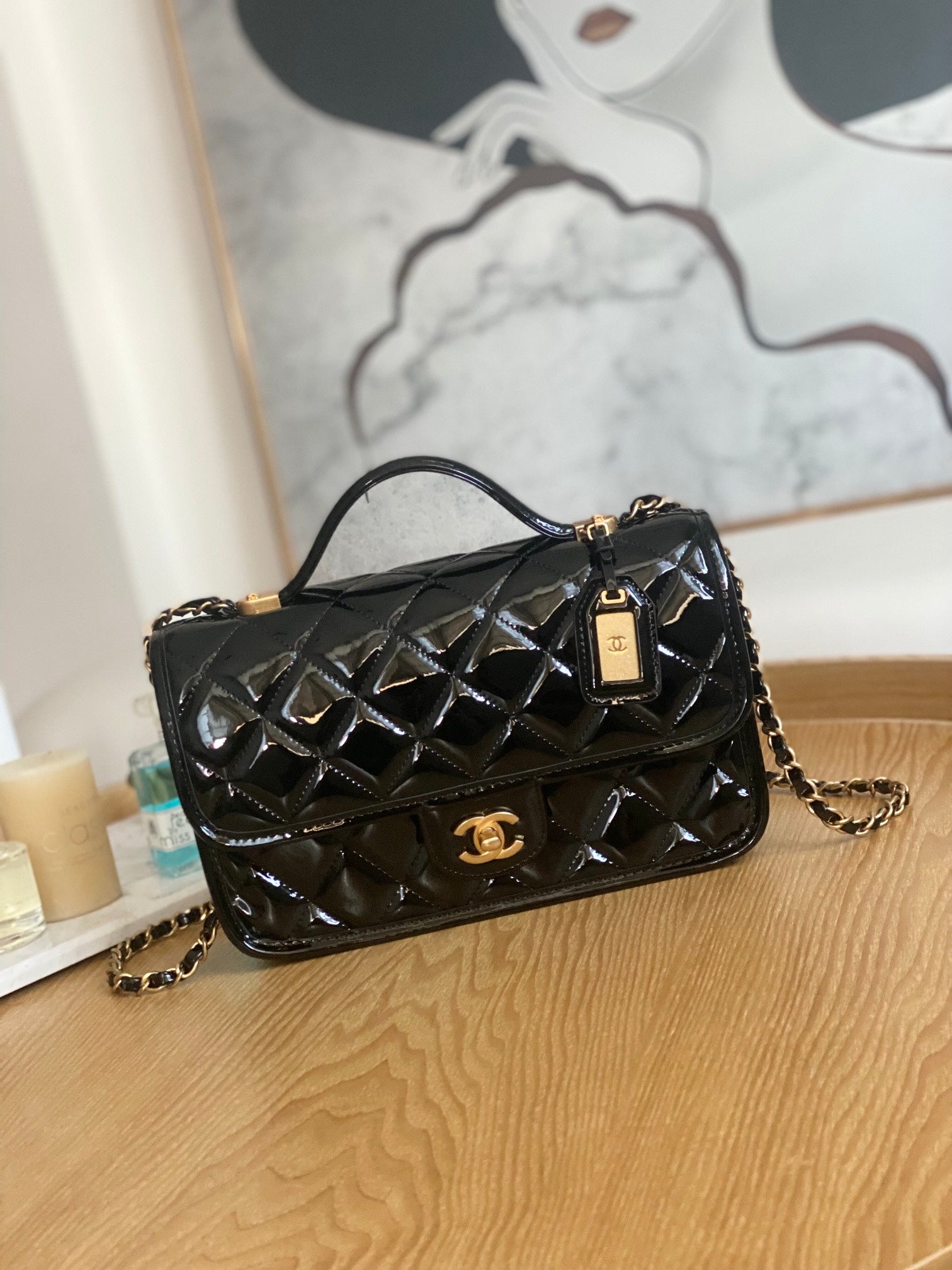 Chanel AS3653 Small Flap Bag with Top Handle Patent Calfskin & Gold-Tone Metal Black - Default Title - View 1
