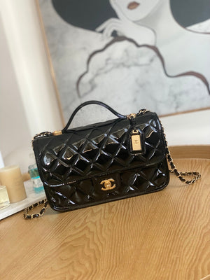 Chanel AS3653 Small Flap Bag with Top Handle Patent Calfskin & Gold-Tone Metal Black - Default Title - View 1
