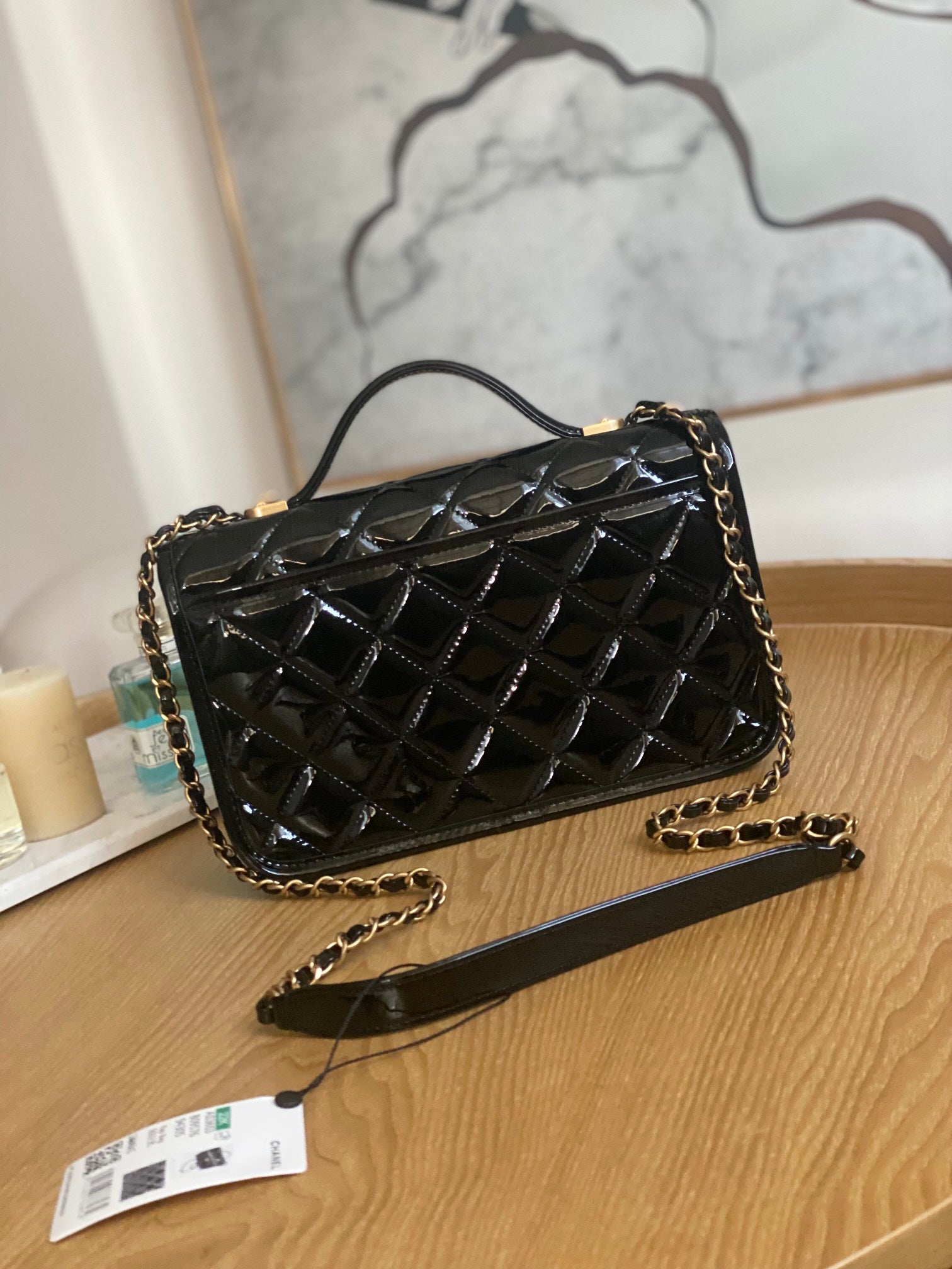 Chanel AS3653 Small Flap Bag with Top Handle Patent Calfskin & Gold-Tone Metal Black