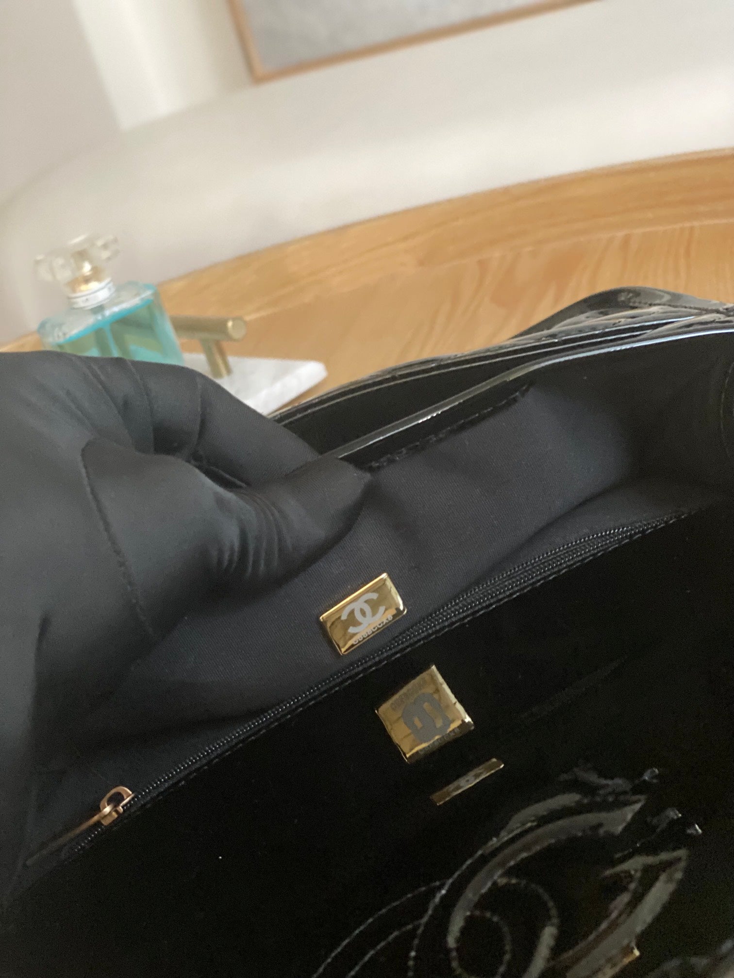 Chanel AS3653 Small Flap Bag with Top Handle Patent Calfskin & Gold-Tone Metal Black - Default Title - View 8