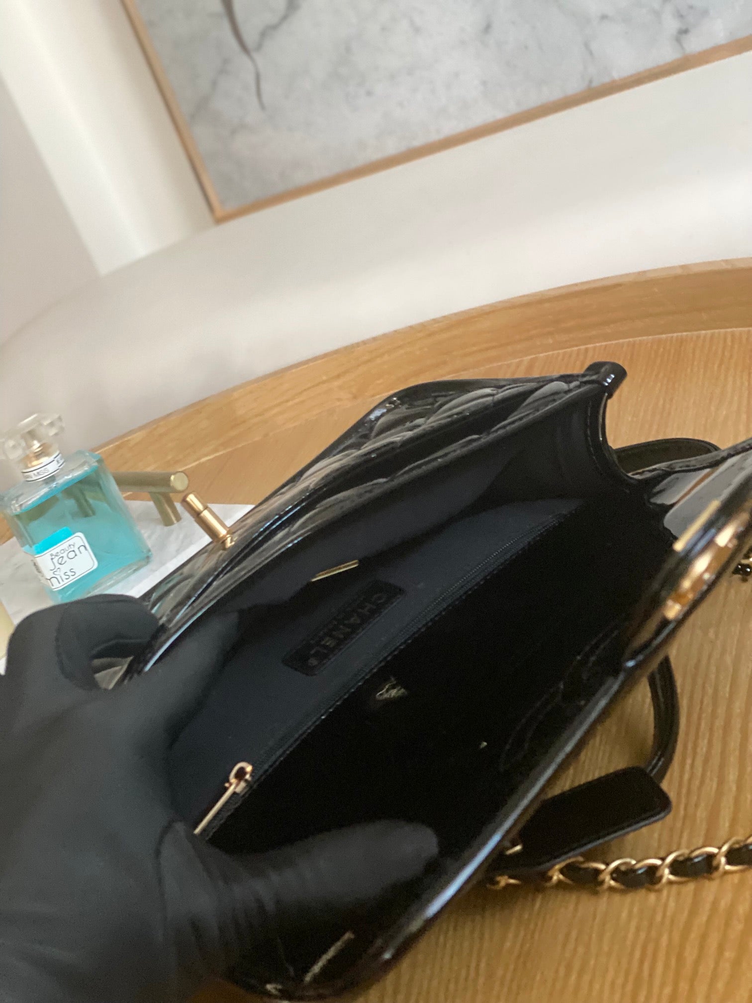 Chanel AS3653 Small Flap Bag with Top Handle Patent Calfskin & Gold-Tone Metal Black