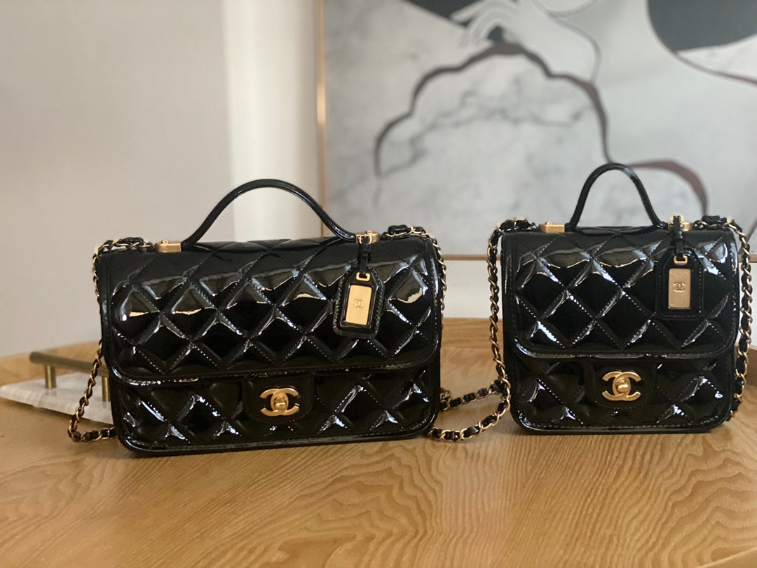 Chanel AS3653 Small Flap Bag with Top Handle Patent Calfskin & Gold-Tone Metal Black - Default Title - View 10