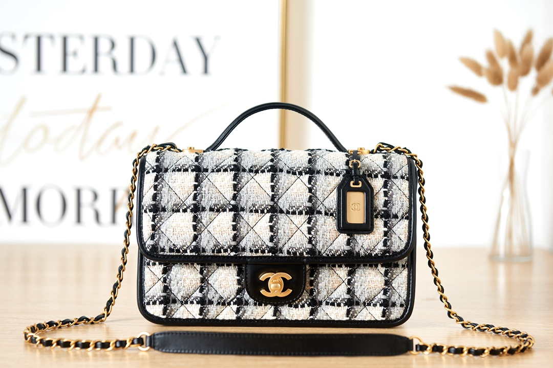 Chanel AS3653 Small Flap Bag with Top Handle Wool Tweed & Gold-Tone Metal Beige - Default Title - View 1
