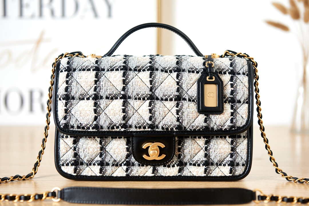 Chanel AS3653 Small Flap Bag with Top Handle Wool Tweed & Gold-Tone Metal Beige