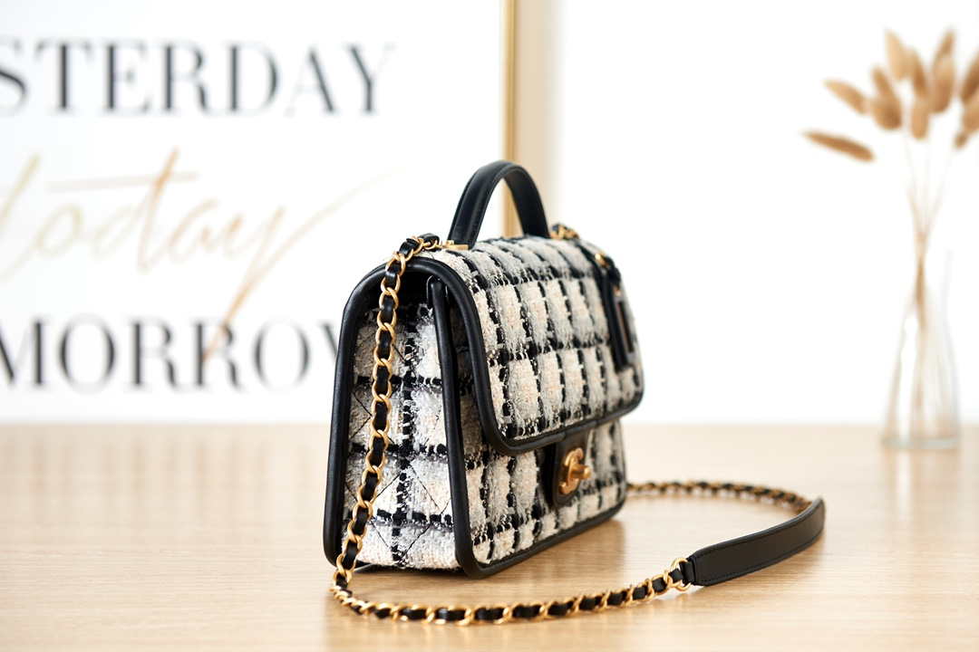 Chanel AS3653 Small Flap Bag with Top Handle Wool Tweed & Gold-Tone Metal Beige - Default Title - View 3