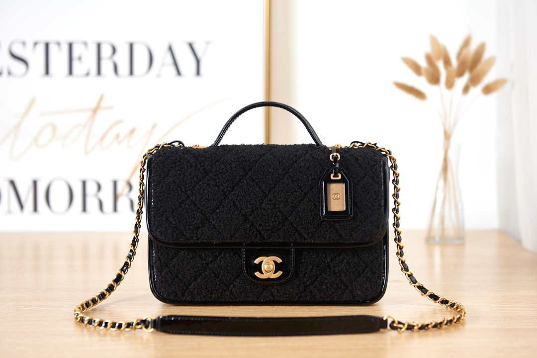 Chanel AS3653 Small Flap Bag with Top Handle Wool Tweed & Gold-Tone Metal Black - Default Title - View 1