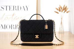 Chanel AS3653 Small Flap Bag with Top Handle Wool Tweed & Gold-Tone Metal Black - Default Title - View 1