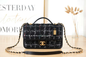 Chanel AS3653 Small Flap Bag with Top Handle Wool Tweed & Gold-Tone Metal Black and White - Default Title - View 1