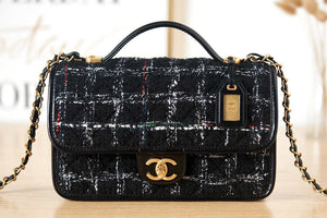 Chanel AS3653 Small Flap Bag with Top Handle Wool Tweed & Gold-Tone Metal Black and White - Default Title - View 2