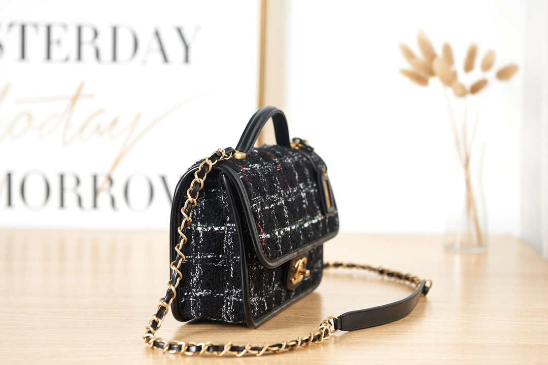 Chanel AS3653 Small Flap Bag with Top Handle Wool Tweed & Gold-Tone Metal Black and White