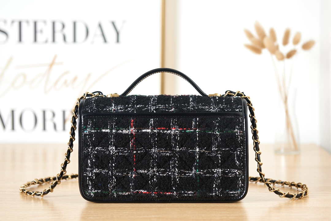 Chanel AS3653 Small Flap Bag with Top Handle Wool Tweed & Gold-Tone Metal Black and White - Default Title - View 4