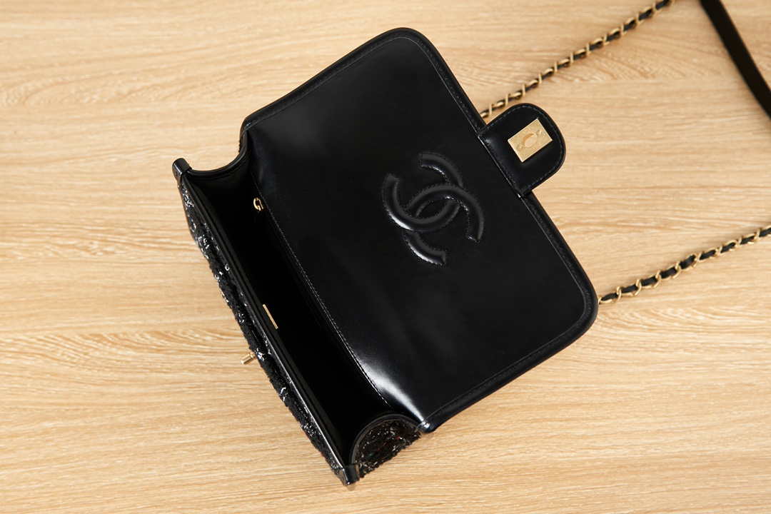 Chanel AS3653 Small Flap Bag with Top Handle Wool Tweed & Gold-Tone Metal Black and White - Default Title - View 7