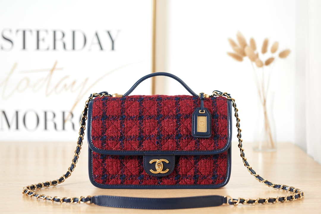 Chanel AS3653 Small Flap Bag with Top Handle Wool Tweed & Gold-Tone Metal Red and Navy Blue - Default Title - View 1